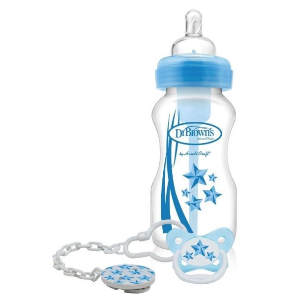 Dr. Brown's Set de Regalo Biberón 270 ml + Cadenita + Chupete Azul